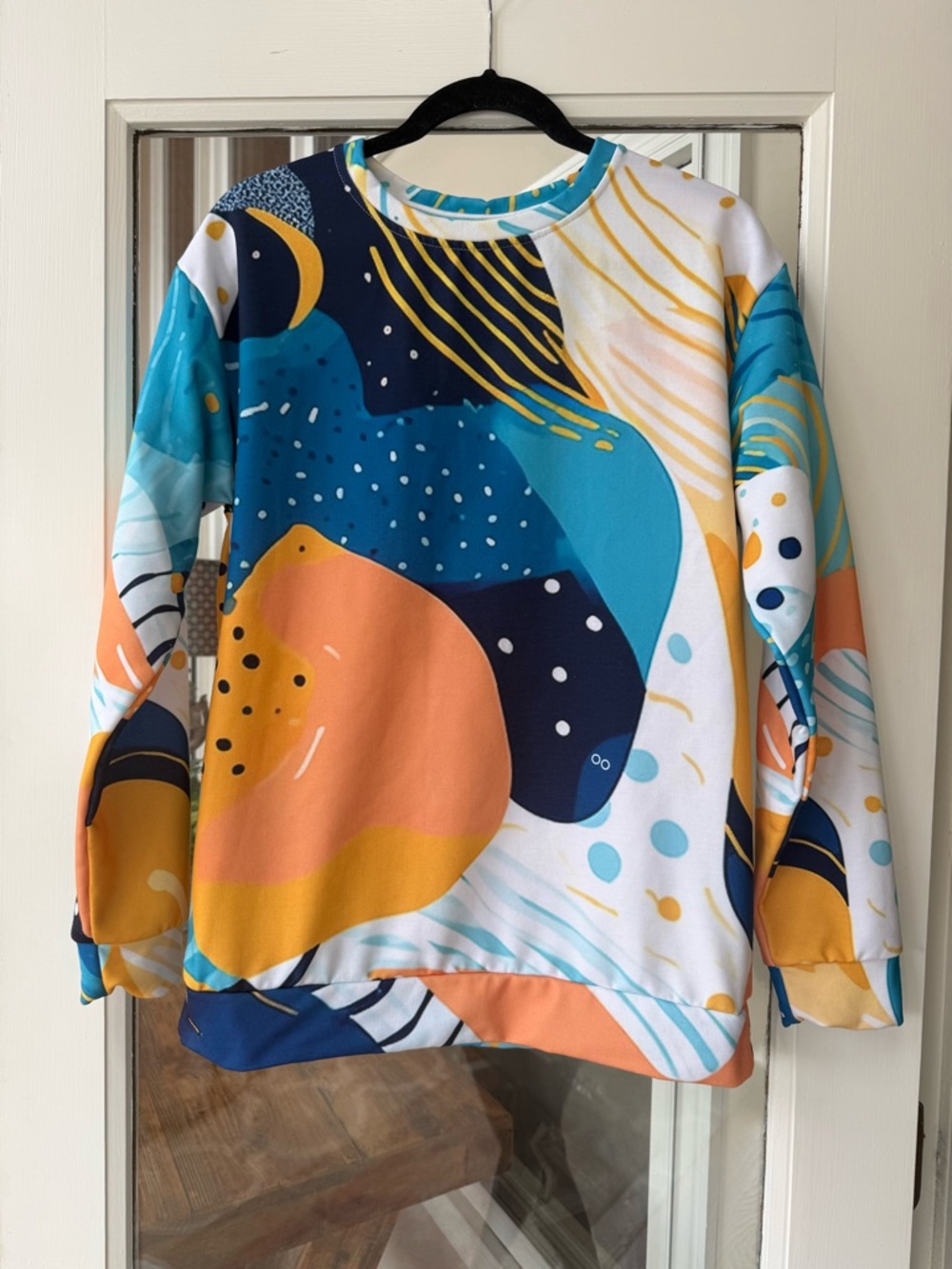 Loony Legs Abstract EUC  Women's Crewneck Sweatshirt in Teal, Orange & Navy